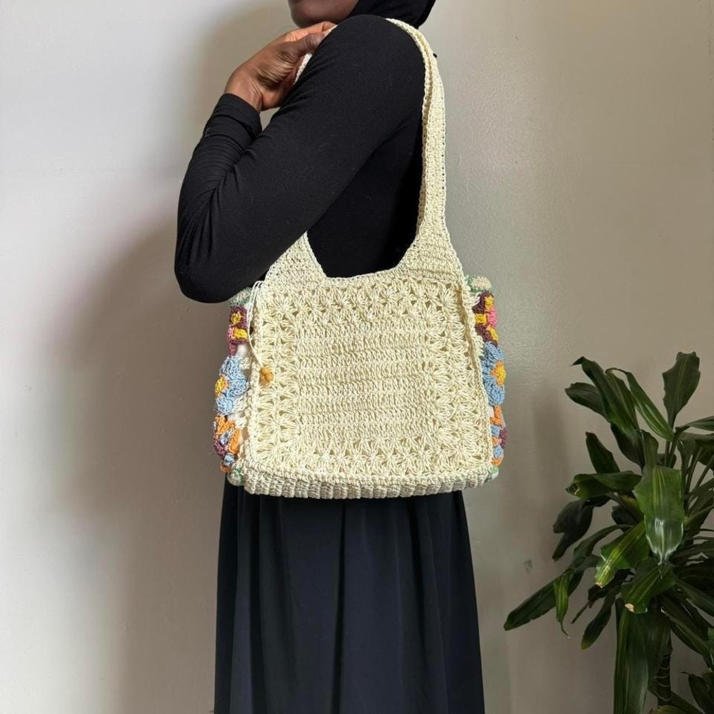 Vintage 90s/Y2K‎ Faded Glory Floral Crochet Paper Straw Tote Bag